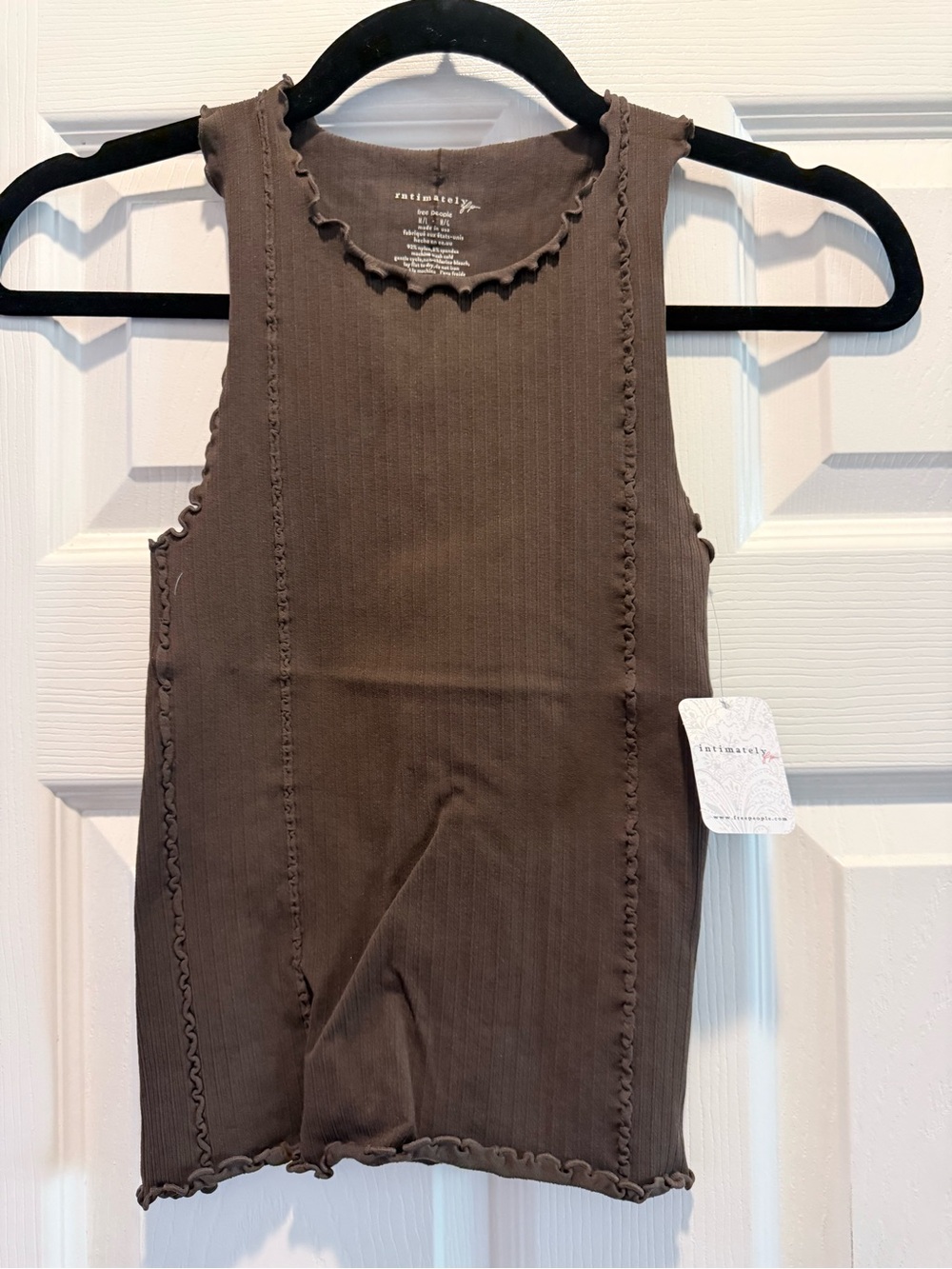 Brown Ribbed Tank Dress - Casual Ruffle Trim